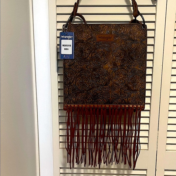 Wrangler Embossed Brown Shoulder or Crossbody Bag/Purse w/ Fringe Floral Detail - Picture 1 of 12